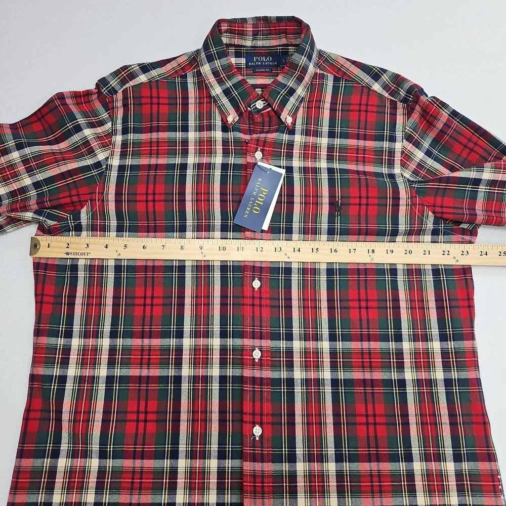 Polo Ralph Lauren Classic Fit Plaid Oxford Button Down Shirt Red Green Mens L